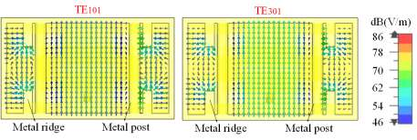 图7 金属脊和金属柱扰动下te101和te301模式的电场分布:(a)te101模式;(b)te301模式。