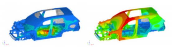 a）弯曲刚度位移云图           b）扭转刚度位移云图