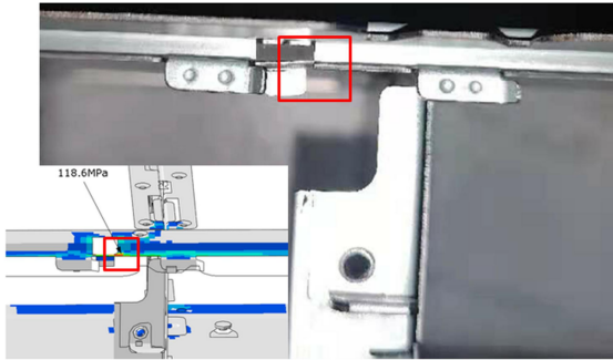 图 8. 机箱前端随机振动钣金开裂位置与仿真结果对比图.