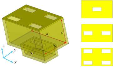 图1(a)提出的宽带槽天线配置，具有2x2辐射槽单元;(b)三种类型辐射槽的视图。